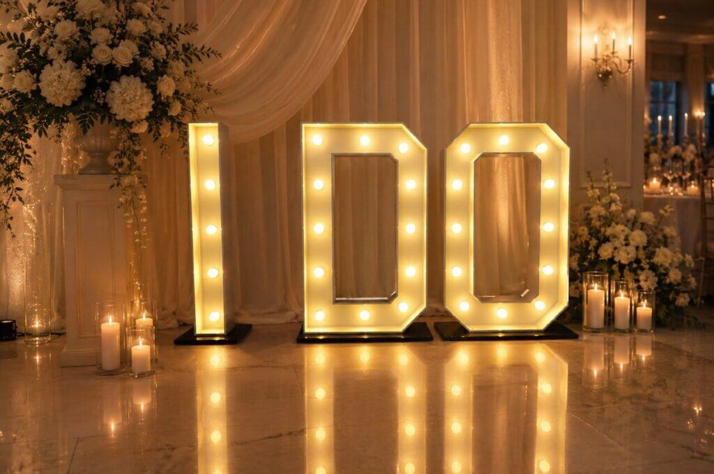 Verlichte I DO-lichtletters als decoratie op een bruiloft